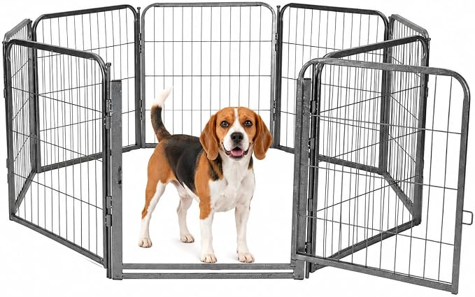 Dog Play Pen for Indoor Use - 24'', 8 Panels for Small and Puppy Size Dogs - Portable Grey PlayPen Kennel for House or Garage - Metal Heavy Duty Pet Fence with Anti-Slip Feet