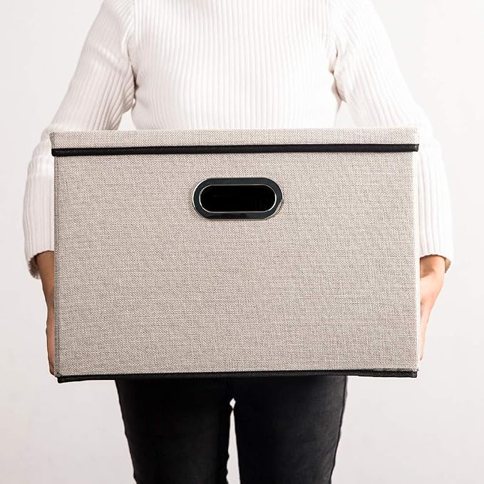 Large Foldable Storage Bin with Lid [1-Pack] Linen Fabric Decorative Storage Box Organizer Container Basket Cube with Handles Divider for Closet Office Living Room Light Grey(17.7x11.8x11.8)
