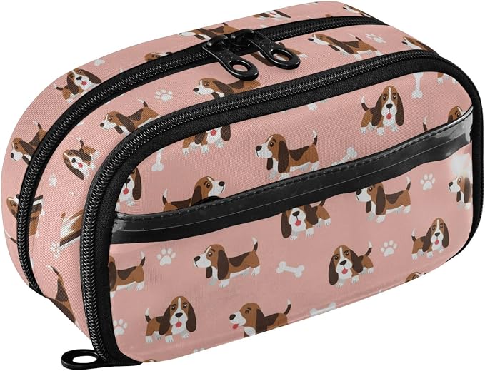 Cute Pets Dogs Pink pattern Large Capacity Pencil Case with Zipper Water Resistant Portable Organizer Pen Bag for Students School Office