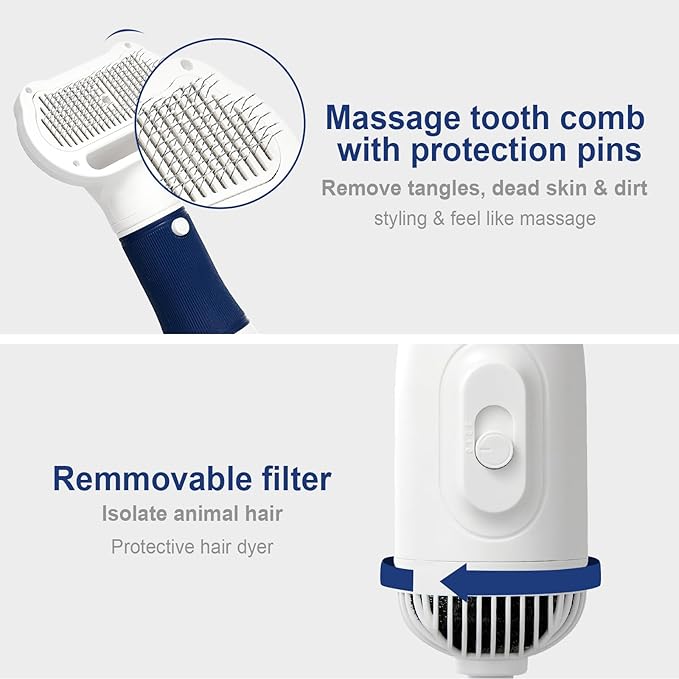 3-in-1 Dog Hair Dryer with Slicker Brush for Small and Medium-Sized Dogs and Cats Pet Hair Dryer Dog Blow Dryer Portable Overheat Protection Adjustable Temperature