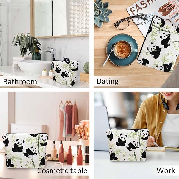 Panda Makeup Organizer Bag Cosmetic Bag For Men Women, Cute Pandas Forest Bamboo Leaves Panda Travel Toiletry Bag Flax Makeup Bags Purse Business Makeup Pouch For Toiletries Cosmetics