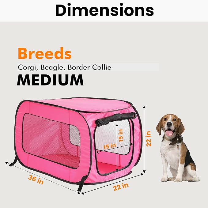 Portable Collapsible Pop Up Kennel, 36" L x 22" W x 22" H, Fuchsia | Collapsible indoor/outdoor travel cat and dog crate with mesh screen windows pops up and folds flat for easy storage