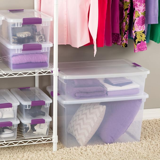 Sterilite 66 Qt ClearView Latch Storage Box, Stackable Bin with Latching Lid, Organize Clothes, Blankets, Items in Closet, Clear Base and Lid, 12-Pack | Clear Plastic Organizers with Color Accent Latches for Closet, Bedroom, Shelving Units, Dorm Room a...