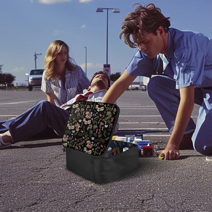 Rnyleeg Black First Aid Kits for Businesses Portable Medical Kit for Car Travel Medicine Bag Organizer Home Medical Supplies Mushroom Butterfly Flower Pattern