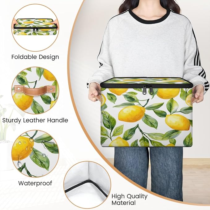 Pardick Storage Bin Fruit Lemon Storage Baskets with Zipper Lid & Handle Foldable Closet Shelf Cloth Organizer Basket Cube Bins Clothes Organizer for Nursery, Bedroom