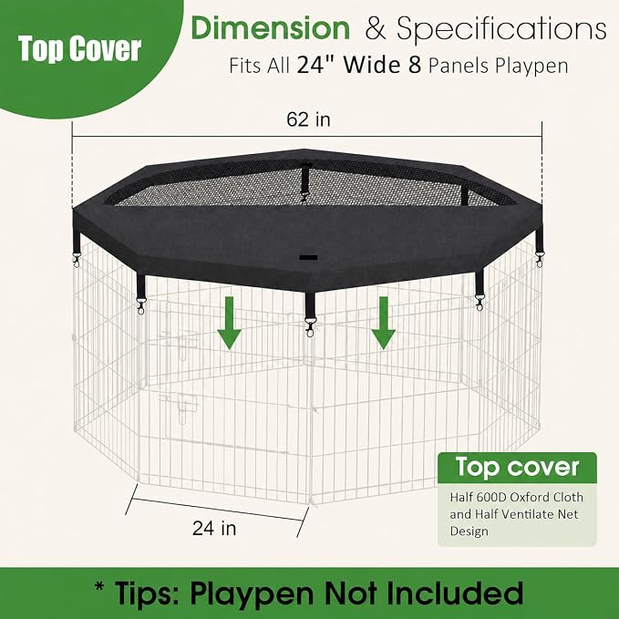 Artmalle Dog Playpen Top Cover Only, 8-Panel 24-Inch Octagonal Mesh, Black | 600D Oxford and breathable mesh top cover adds shade and an overhead barrier for indoor or outdoor pet play areas.