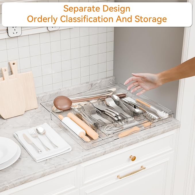 Clear Large Expandable Silverware Organizer and Kitchen Utensil Drawer Organizer,Plastic Adjustable Silverware Tray for Drawer Cutlery,Spatula,Tools,Flatware Organizers,Fork and Spoon Holder