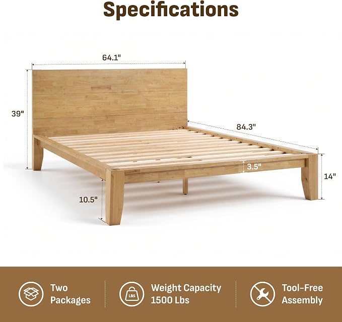 Softa Mikor Queen Japanese Joinery Bed Frame with Headboard, Solid Rubberwood Platform Bed, 1500 Lbs Heavy Duty, SGS Certified, No-Tool Setup, Storage Shelf, USB-A/C Port, No Box Spring Needed