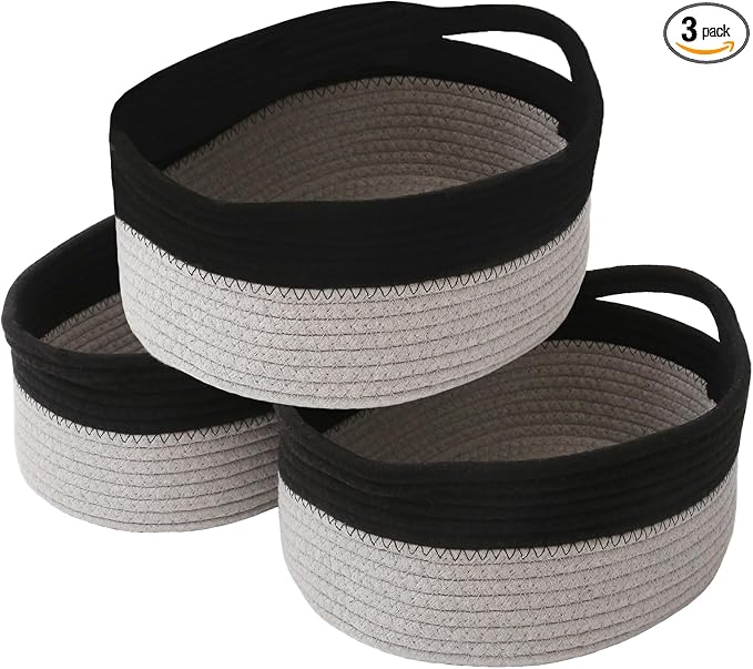 JMvicyroam Small Woven Basket, Empty Gift Basket, Black&Grey/3 Pack | Small Gift Basket, Cotton Rope, 12 x 8 x 80 in, Handles, Includes Ribbon and Bag, Birthday Gift Basket