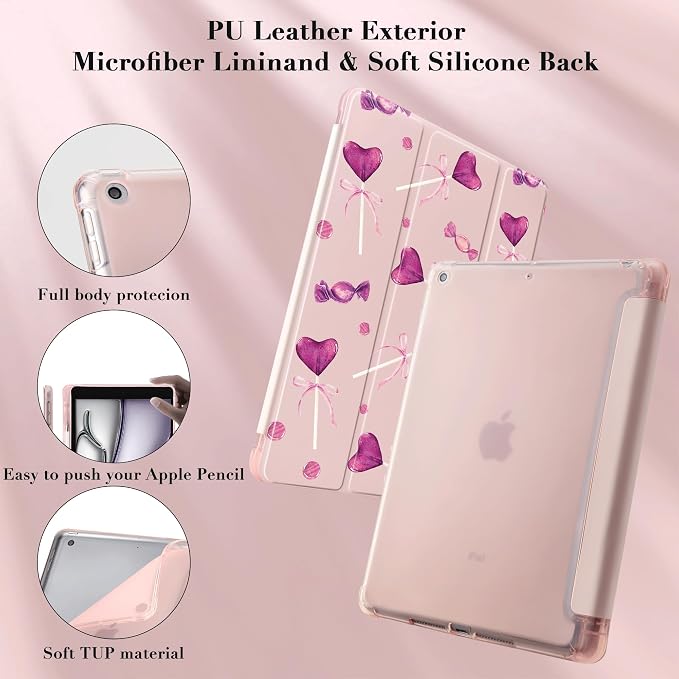 Cute Pink Lolipop Case for 8.3" iPad mini 6, Clear TPU Smart Stand Back Cover with Pencil Holder, Auto Wake/Sleep Foldable Four-Corner Shockproof Protective Case