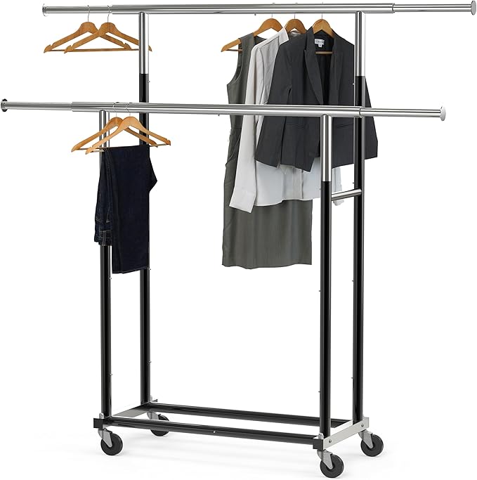 Simple Houseware Standard Double Rods Clothing Garment Hanging Rack, Black | Extendable Width from 30.5 to 48 Inches