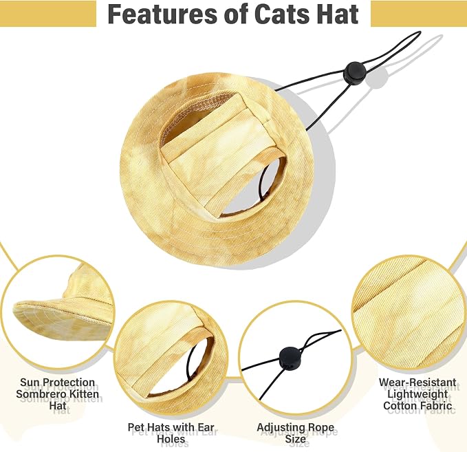 DENTRUN Cat Bucket Hat with Ear Hole, Cotton Birthday Bonnet for Small Pets | Breathable cotton, Adjustable Secures fit, For birthday Party, For small cats, daily cute photos