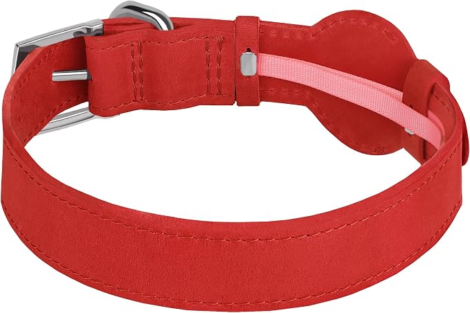 Leather Dog Collar with Airtag Holder - Apple Air Tag Dog Collars - Soft Tracking GPS Pet Collar for Small Medium Large Dogs Breed Puppy (Red, L, 15"-19" Neck Fit)
