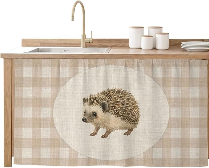 Hedgehog Sink Skirt for Bathroom, Self-Adhesive Under Sink Curtain, Vintage Farmhouse Linen Plaid Rustic Animal Hide Pipes & Storage Fabric Cabinet Skirt Cover for Kitchen Laundry 32"x55"