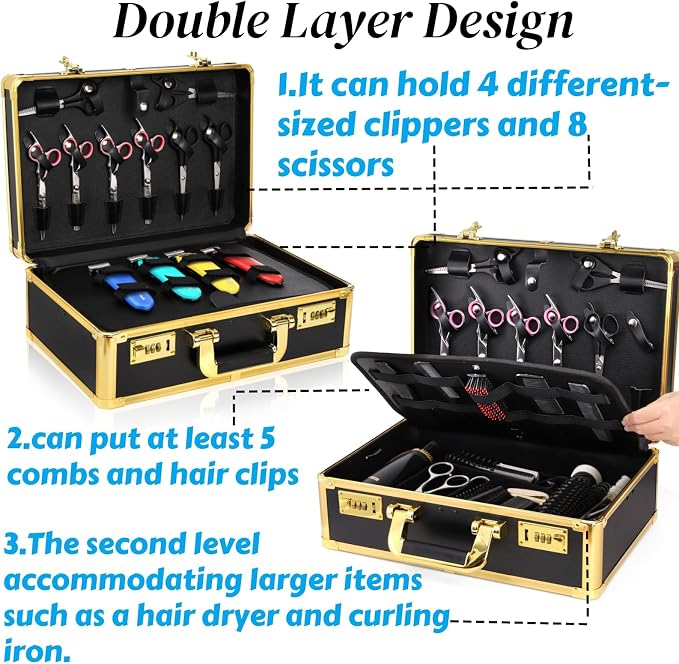 Goaste Professional Barber Supplies Case, 15.7" Barber Carrying Case with Code Lock, Double Layer Hairdresser Tool Box Organizer, Portable Travel Carrying Cases for Hair Stylist & Pet Groomer (Gold)