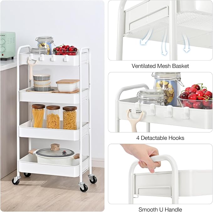 TOOLF 4 Tier Metal Rolling Cart, Utility Storage Cart with Wheels, White | Screwless Assembly, Lockable Metal Wheels, Trolley Organizer for Bathroom, Kitchen, Office, Dorm, Laundry, Craft Room