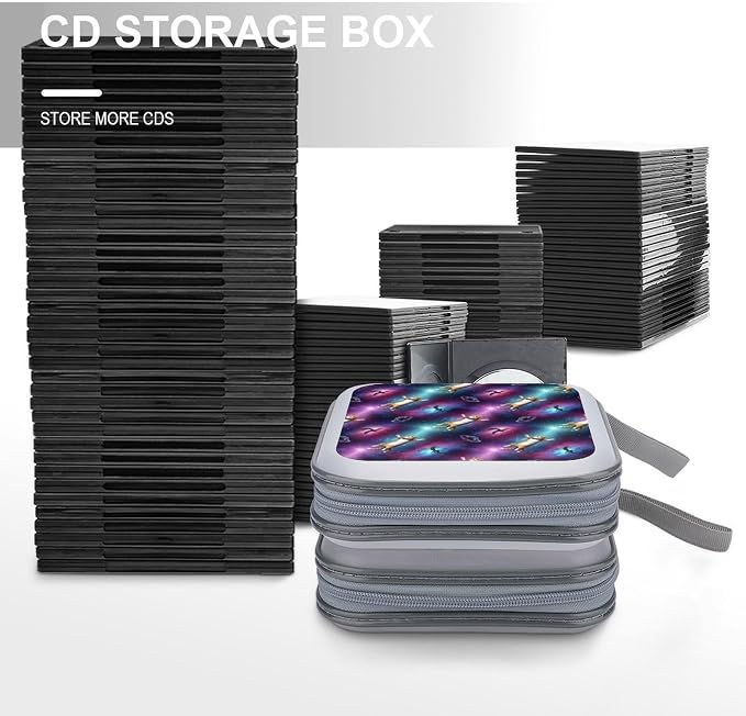 Hard Plastic Protective CD Case Funny Space Cat, 40-Disc Capacity Storage Binder with Zipper, Portable Organizer for Home Office