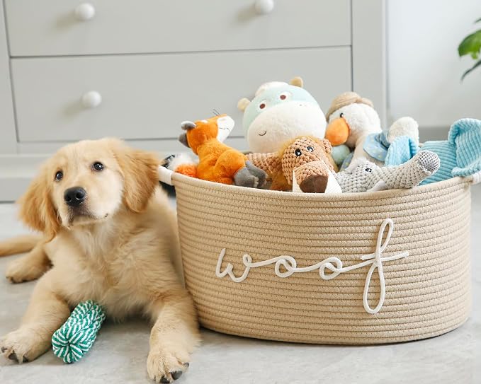 Woof Woven Rope Storage Baskets, Pet Dog Toy Bin Box Perfect for organizing Chew Toys Blankets leashes, Dog Toy holder Cotton Basket Puppy Bins