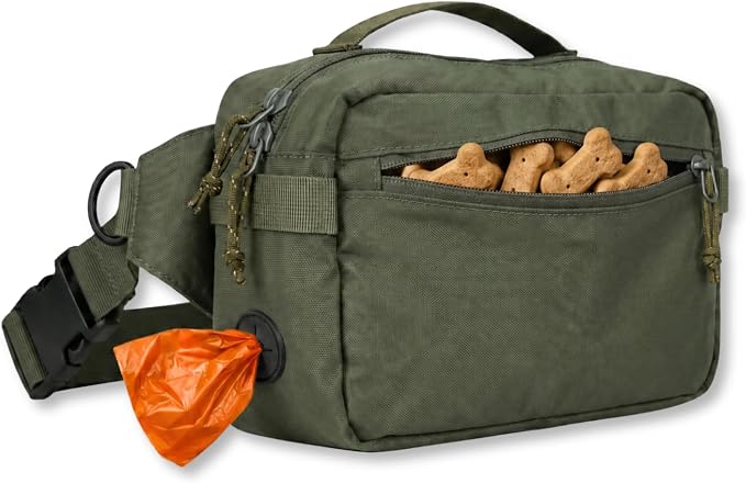 Crossbody Dog Walking Bag, Treat Pouch & Poop Bag Holder, Olive Green | Crossbody dog walking bag, hands-free. PEVA-lined treat pouch, poop bag holder, leash hook. Water-resistant, 4-50 in. strap