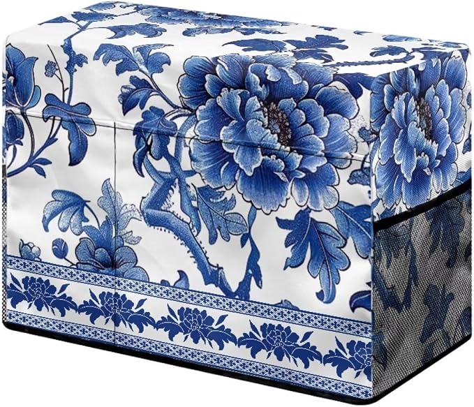 Blue White Floral Print Sewing Machine Cover with Storage Pockets,Dust & Pet Hair Protection,Fits Standard Singer, Brother and Janome Machines, Protecting & Decorating Your Sewing Space