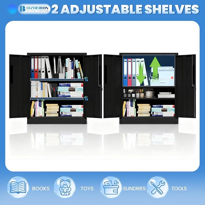 Metal Storage Cabinet for Garage, Tool Cabinet, Utility Cabinet | Medium Sized Tool Cabinet, Lockable, 2 Doors, 2 Adjustable Shelves, Assembly Required, Black