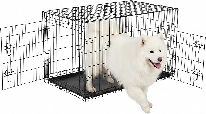 42-Inch Crate for Large Breeds, Double Door Folding Dog Crate, Secure Latch | Durable Metal Wire Cage with Plastic Leak-Proof Pan Tray, Handle, Folding Metal Wire Pet Kennel for Indoor, Outdoor, Travel