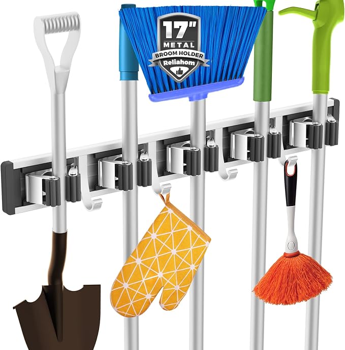 reliahom Broom Holder Wall Mount Mop Hanger Tools organizer 5Racks 4Hooks | Adjustable Mop Broom Wall Hanging Heavy duty Tools Storage Rack Space-saving for Garage,Kitchen,Laundry Room,Garden, Black