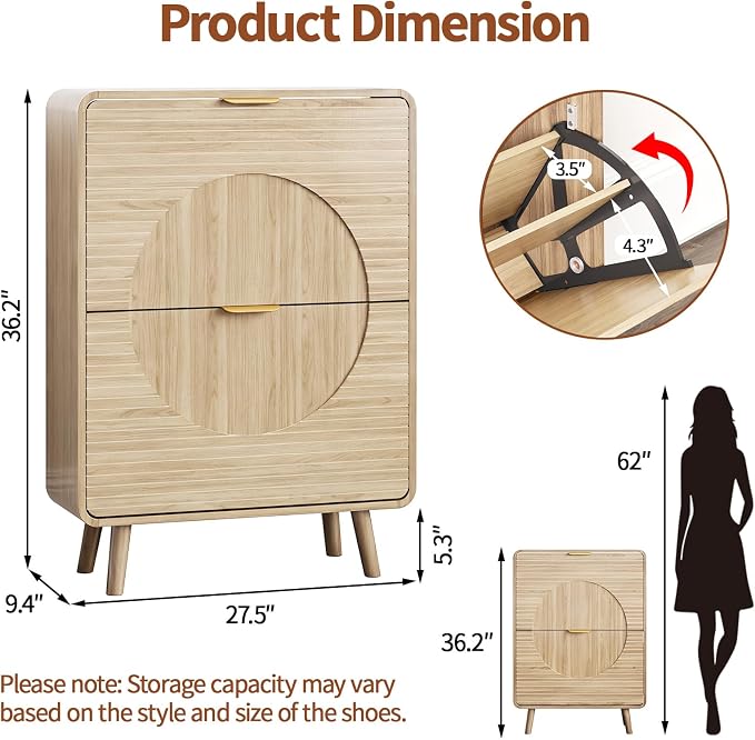 Shoe Storage Cabinet with 2 Flip Drawers for Entryway, 27.5" Freestanding Hidden Shoe Rack Cabinet, Narrow Shoe Organizer for Hallway, Foyer, Oak