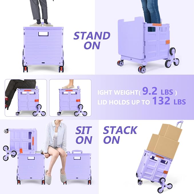 Foldable Utility Cart with Stair Climbing Wheels,Collapsible Rolling Crate with Magnetic Lid Telescopic Cover,Telescoping Handle,360° Rotate Wheel Hand Cart for teacher Shopping Moving Grocery(Purple)