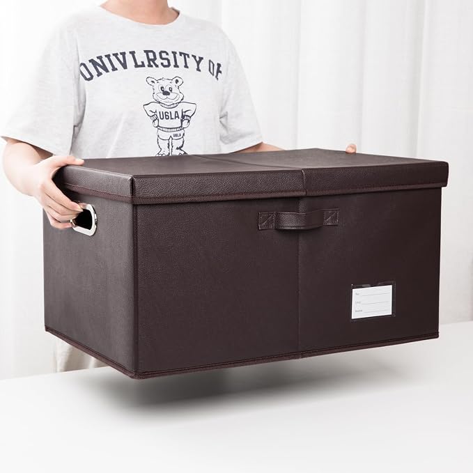 Collapsible Storage Box with Lid [1-Pack] Leather Fabric Foldable Storage Bin Organizer Container Basket Cube with Cover for Home Bedroom Closet Office Nursery Brown (22.8X15.7X11.8)