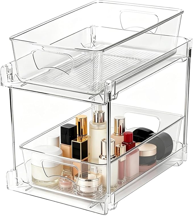 2 TierUnder Sink Organizer - Pull Out Storage, Sliding Bathroom Drawer