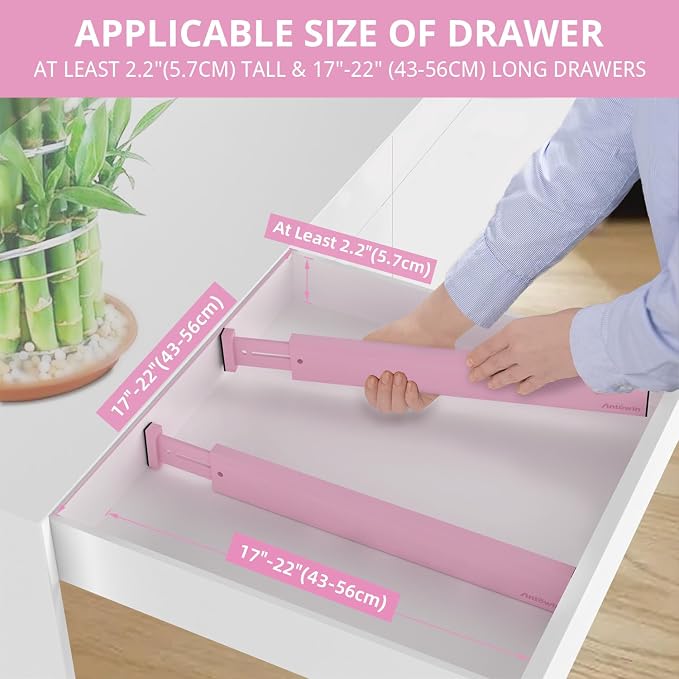 Expandable Bamboo Drawer Dividers Organizers, Drawer Separators Splitter, 17-22 inches Long Adjustable Spring-loaded Organizer for Large Utensil, Clothes, Tools(Pink)