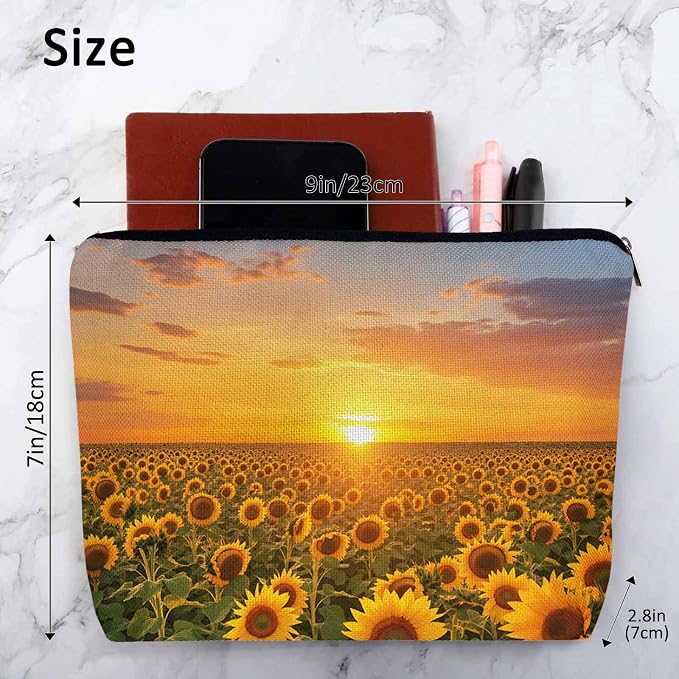 Sunflower Makeup Bags Makeup Organizer, Sunset Bloom Sunflowers Yellow Flax Toiletry Bags Travel Cosmetic Bag Makeup Purse Pouch Skincare Bag Wallet Bags For Women Female Mom Daughter