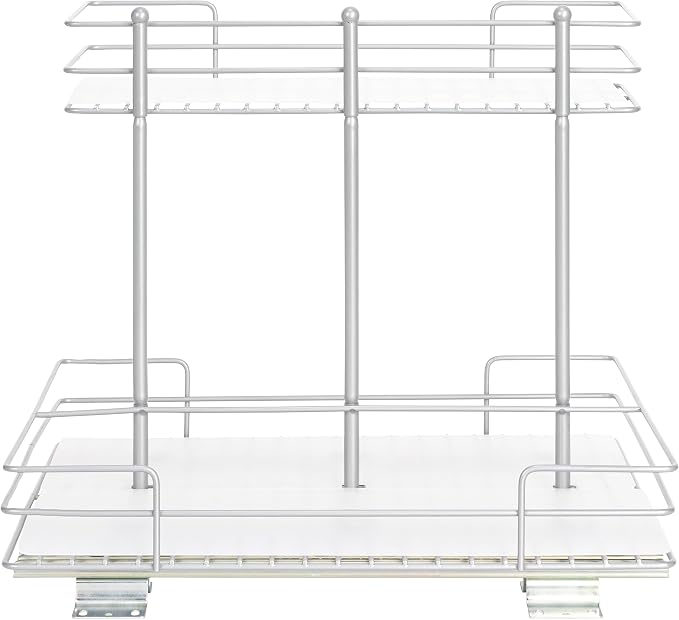 Household Essentials Glidez Steel Pull-Out/Slide-Out Storage Organizer with Plastic Liners for Under Sink or Wire Shelf Use - 2-Tier Design - Fits Standard Size Cabinet or Shelf, Brushed Silver