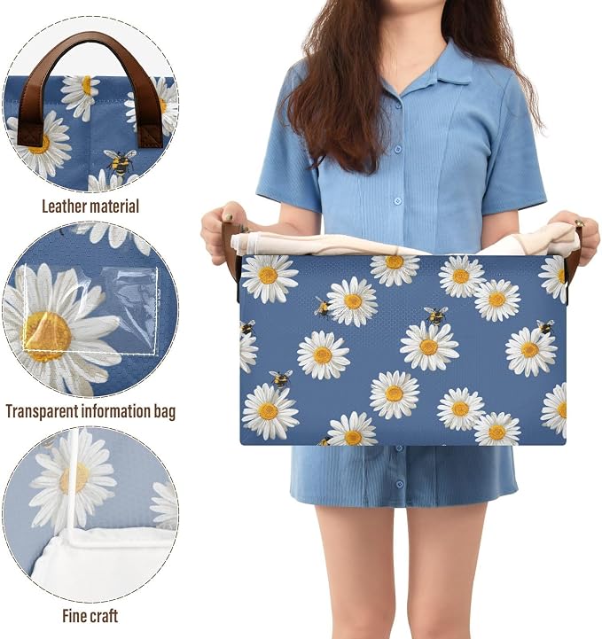 Daisy and Honey Bee Flower Blue Storage Basket Foldable Cube Storage Bins with Handles&Label Waterproof Organizer Box Bin Large Rectangle Decorative Baskets for Shelves Home Room Laundry-2 Pack