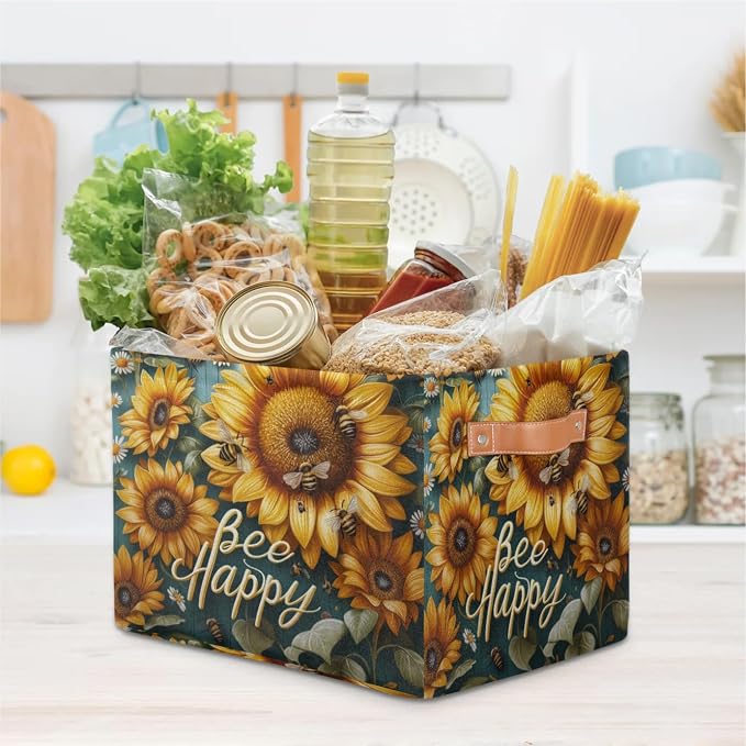 Bee Sunflowers Storage Baskets with Handles Fabric Storage Boxes Collapsible Nursery Basket for Shelf Book Cloth 15 X 11 X 9.5 IN Closet Organizer Bins
