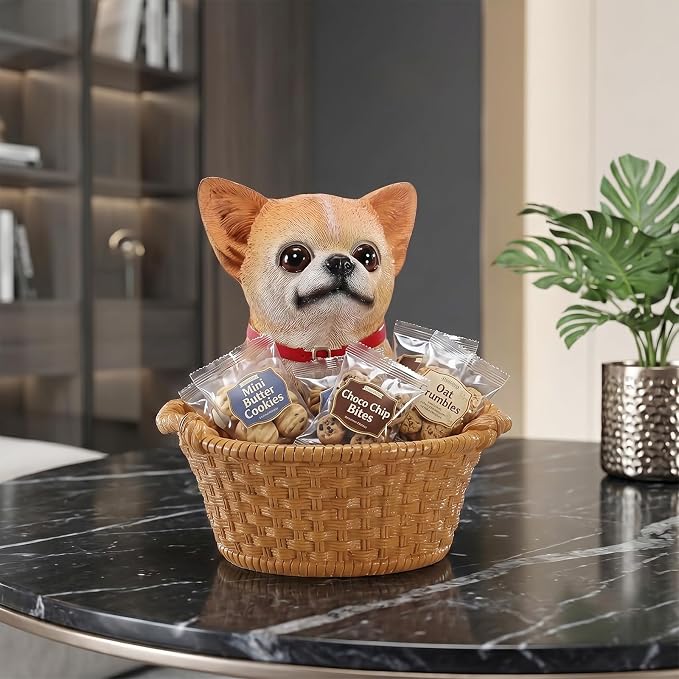 Cute Chihuahua Candy Bowl, Resin Dog Figurine Key Bowl for Entryway Table, Desktop Storage Basket Organizer for Desk, Unique Dog Lover Gift