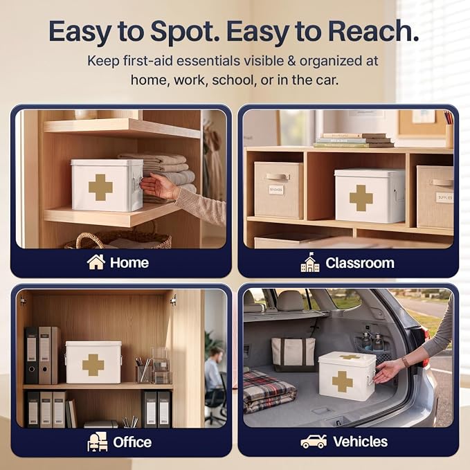 Flexzion Large Metal First Aid Box Empty, 8.5-Inch, White with Gold Cross | Vintage Medicine Box and First Aid Storage Organizer with Removable Tray and Dividers; Empty Box Only, Supplies Not Included