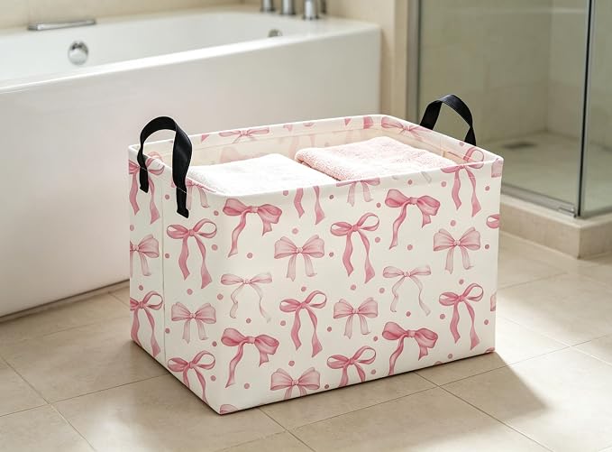 Pink Baskets Girls Basket Rectangular Cute Storage Bin for Room Decor(Pink bownot)