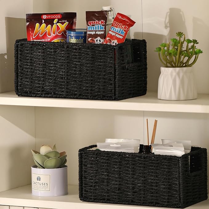 Vagusicc Wicker Storage Basket, Set of 2 Black Wicker Baskets for Bathroom | Hand-Woven Wicker Small Storage Baskets for Organizing Toilet Paper, Foldable Large Cube Storage Organizer Bin for Shelves