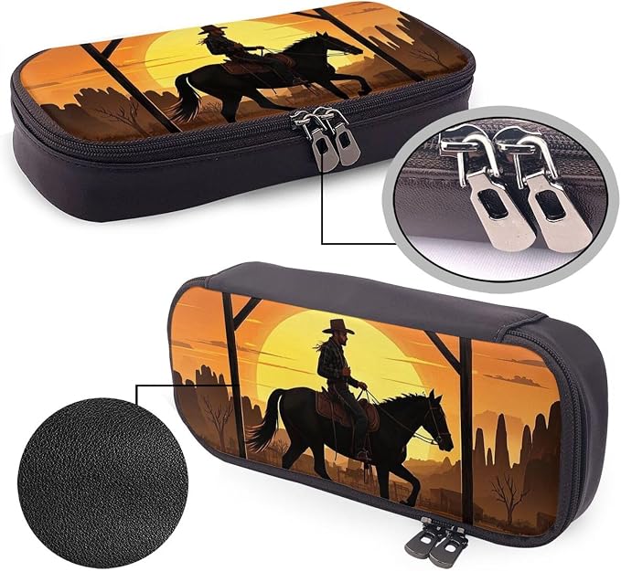 Leather Pen Case with Zipper - Aesthetic Pen Holder Cowboy Riding Ranch Desert Pencil Case for Women & Men - Handcrafted Pencil Bag Multi-Functional Travel Cosmetic Case for Work Office Tool Pouch