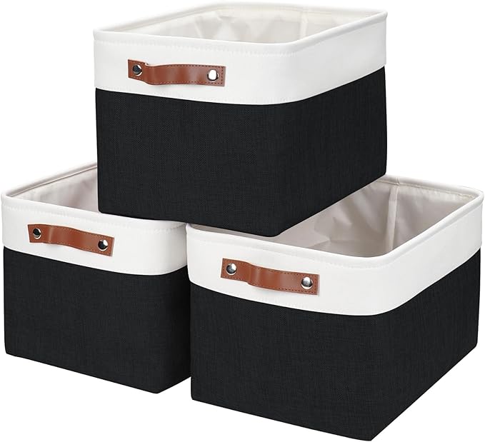 Bagnizer Storage Bins Large Fabric Storage Baskets for Shelves 3 Pack, Decorative Linen Closet Baskets with Handles for Organizing, Shelf, Clothes, Home, Office, 15x11x9.5Inches (Black&White)
