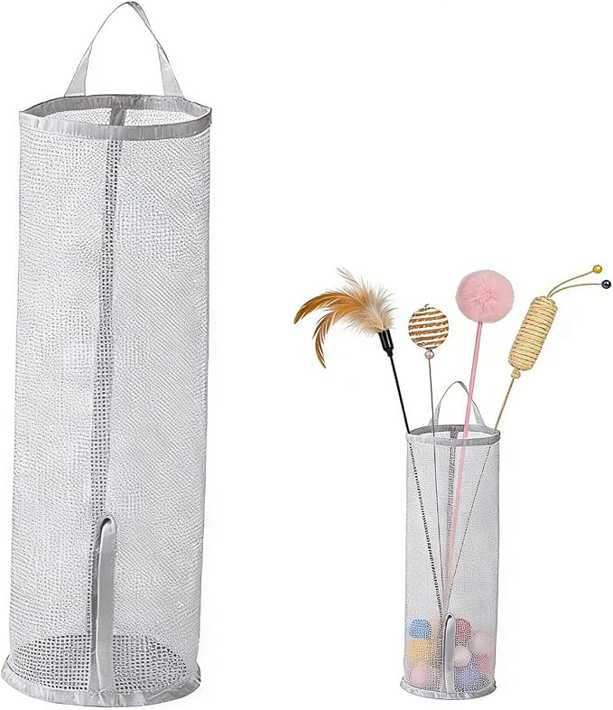 Pet Toy Storage Bag, Wall-Mounted, Space-Saving Organizer with Bottom Opening for Cat Wand Toys & Dog Toys (Toys Not Included) (Single-Gray (1 PC))
