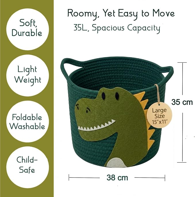 Nursery Storage Basket, Large Woven Cotton Rope Baby Bin with Dinosaur design, Strong Handles, Baby-Safe Kids Toy Organizer for Stuffed Animals, Laundry Hamper, Foldable & Washable (Dinosaur 35L)