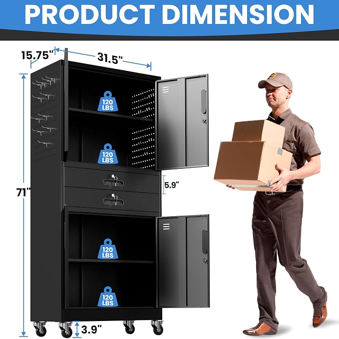 Metal Storage Cabinet for Garage, Tool Cabinet, Utility Cabinet | with Wheels, Tall Tool Cabinet, Lockable, 4 Doors,2 Drawers, Adjustable Shelves, Pegboard, Assembly Required, Black
