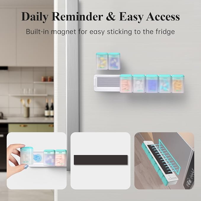 KOVIUU Weekly Pill Organizer, Magnetic Medicine Vitamin Case 1 Time a Day | Week Once Daily Supplement Box, Removable Medication Container Holder for Fridge, 7 Day Large Travel Pill Dispenser, Cyan