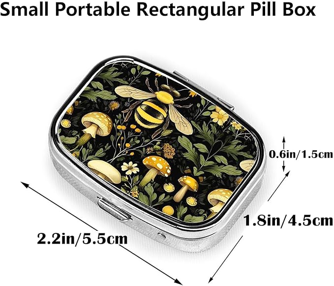 ABLESKY Pill Box, 2 Compartment Pill Organizer Case for Pocket or Purse, Small Portable Metal Travel Medicine Box with Mirror, Daily Vitamins Fish Oil Container-Bee Retro Beautiful Mushroom