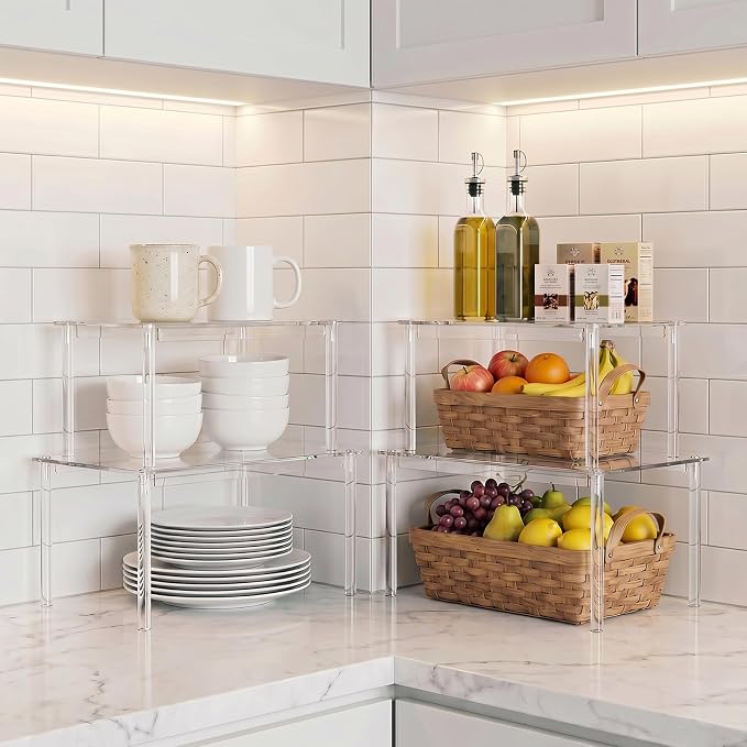 Delamu Cabinet Shelves, Clear Stackable Acrylic Storage Risers with Heavy Duty Support, Cabinet Organizer Shelf for Spices, Seasonings, Jars, Pantry, Kitchen Counter, Easy Assembly