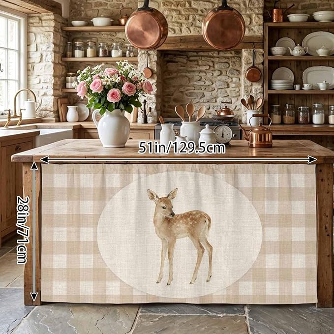 Resting Fawn Cabinet Curtains 28"x51" Sink Skirt for Bathroom Kitchen, Retro Natural Animals Farmhouse Plaid Self Stick Adhesive Under Desk Covers Tall Laundry Cabinet Storage Organizer