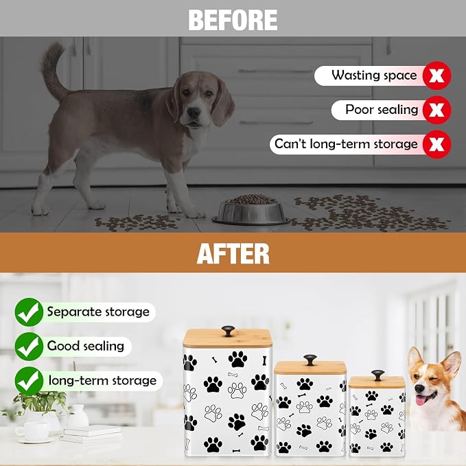 Reallnaive Airtight Dog Treat Container Set of 3 with Bamboo Lids Metal Treat Jars for Countertop Decorative Pet Snack Food Storage Canister Kitchen Biscuit Holder(White)
